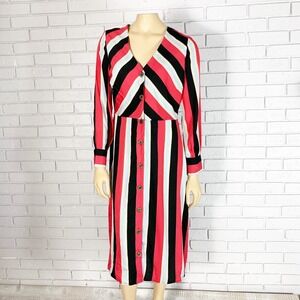 Wednesday's Girl Striped Button‎ Down V-Neck Midi Dress Long Sleeve